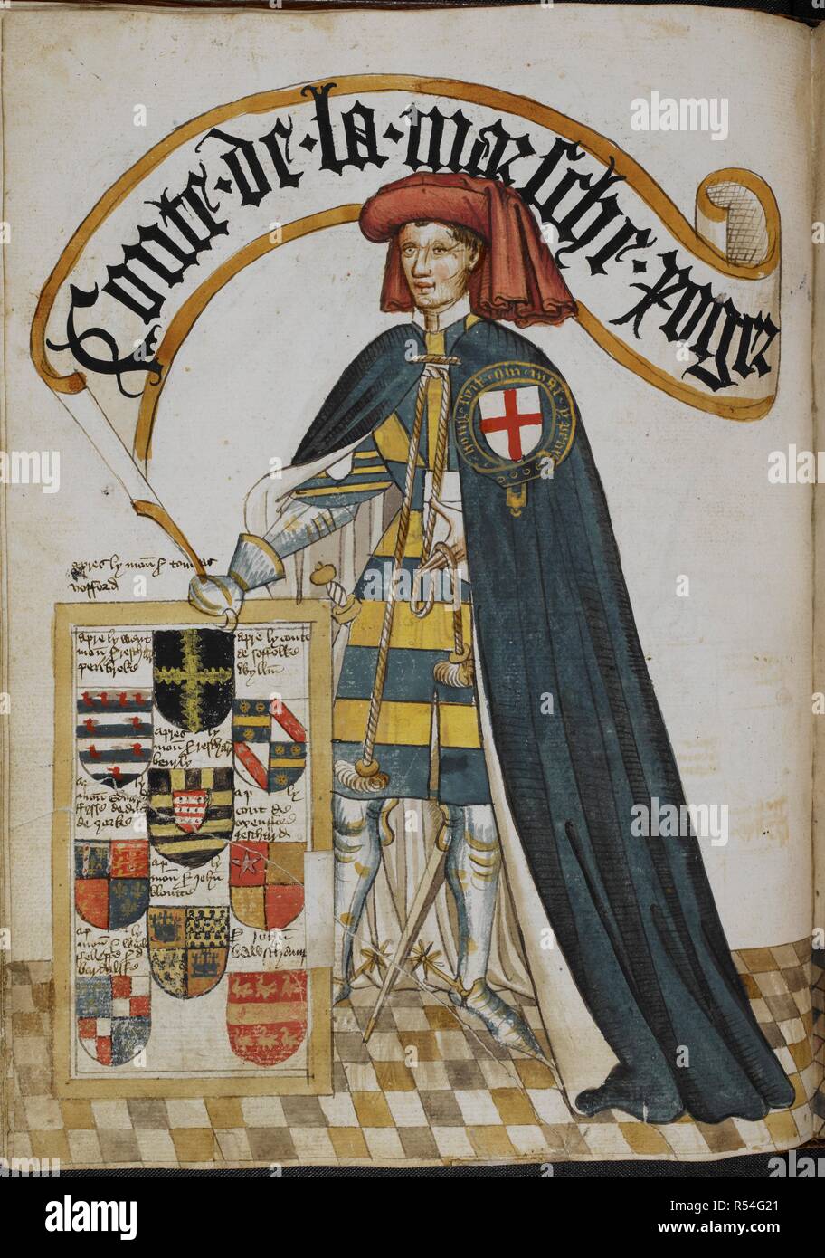 Portrait de Roger Mortimer, comte de March, un chevalier fondateur de l'ordre de la Jarretière, le port d'un porte-jarretelles bleu manteau sur l'armure de plaque et surcoat avec son bras. Livre illustré d'armoiries de l'ordre de la jarretière ('William Bruges's Garter Book'). L'Angleterre, S. E. (probablement à Londres) ; c. 1430- c. 1440 (avant 1450). Source : Stowe 594, f.15v. Langue : Anglais. Banque D'Images