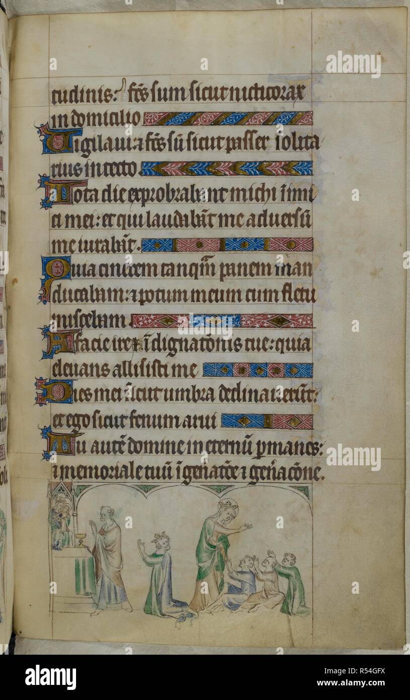 Bas-de-page de scène le roi Louis VII en cours pour croire aux miracles en voyant les victimes de la 'mal des ardents', guéri par la Vierge dans la cathédrale de Soissons. Psautier ('Le psautier de la Reine Mary"). Angleterre (Londres/Westminster ou East Anglia ?) ; entre 1310 et 1320. Source : Royal 2 B. VII, f.215. Langue : Français de l'Amérique latine, avec les légendes des images. Banque D'Images