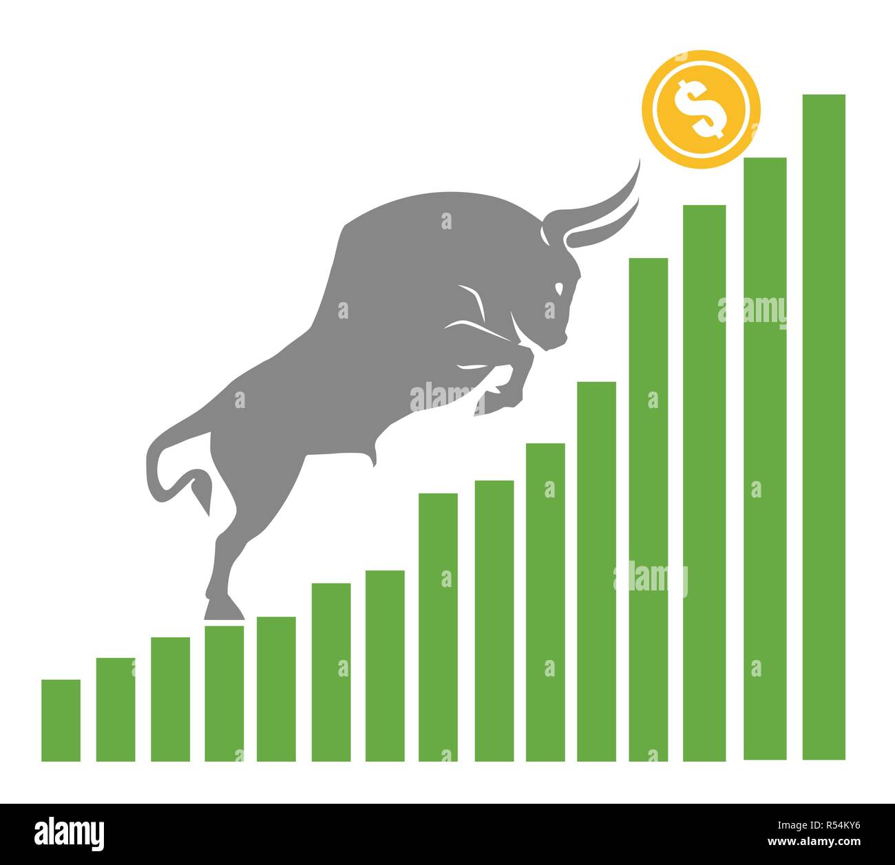 Bull se déplace jusqu'en dollars sur le marché monétaire positif, graphique, fond blanc Illustration de Vecteur