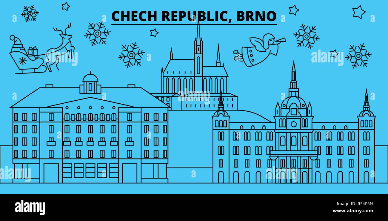 République tchèque, Brno vacances d'hiver. Joyeux Noël, Bonne année bannière décorée avec le Père Noël.République Tchèque, Brno ville noël télévision linéaire vector illustration Illustration de Vecteur