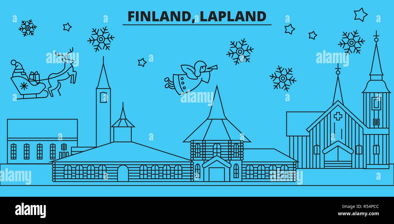 La Finlande, Laponie vacances d'hiver. Joyeux Noël, Bonne année bannière décorée avec le Père Noël.La Finlande, Laponie noël vecteur linéaire ville télévision illustration Illustration de Vecteur