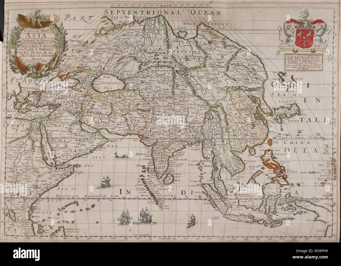 Une carte de l'Asie, 17e siècle. Un Generall Mapp de l'Asie. Conçu par Mounsier Sanson ... & Rendred en anglais, & ilustrated par Ric : Blome. Par son Majtis especial commande. Francis sculptures d'agneau. Londres : Imprimé pour Richard Blome, 1669. 555 x 400 mm. ; l'échelle 1 : 25 000 000. Source : C.39.d.2 page 2-3. Banque D'Images