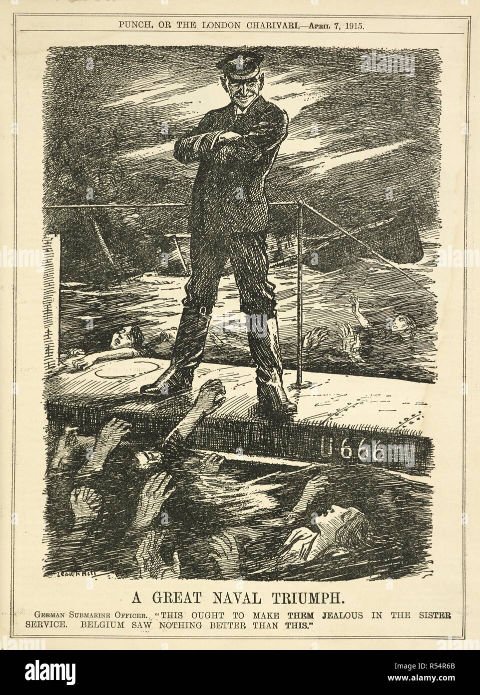"Une grande victoire navale'. Un U-boat allemand le capitaine en regardant les victimes de noyade d'un navire. Poing ou la London charivari. Londres, 1915. Source : PP.5270, 7 avril 1915, page 263. Auteur : Raven-Hill, Leonard. Banque D'Images