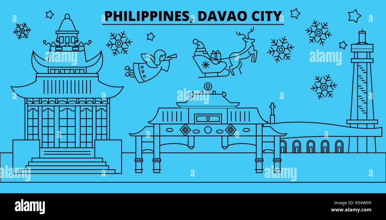 Philippines, Davao City vacances d'hiver. Joyeux Noël, Bonne année bannière décorée avec le Père Noël.Philippines, Davao City ville noël linéaire vector illustration télévision Illustration de Vecteur