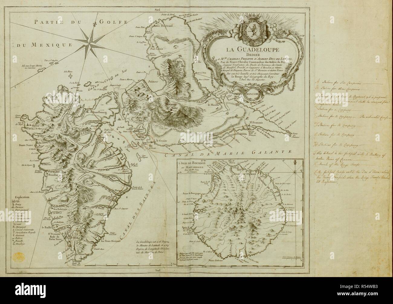 Une carte de la Guadeloupe créée dans le contexte de la guerre de Sept Ans, sa campagne d'Antilles, et l'invasion de La Guadeloupe en 1759. Comprend un encart de l'île de Marie Galante. LE GUADELOUPE. Paris : [Georges-Louis Le Rouge], Rue des Augustins, 1753. Source : Maps K.Haut.78.26. Langue : Français. Banque D'Images