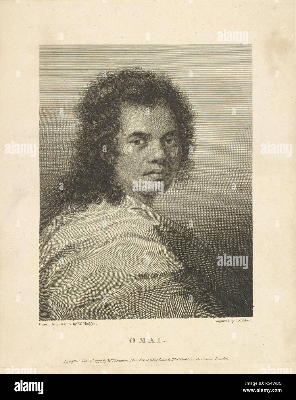 Omai. Portrait de la tête et des épaules. Tirée de la nature par William Hodges et gravé par J. Caldwall. Une collection de dessins par A. Buchan, S. Parkinson, et J. F. Miller, réalisés dans les pays visités par le capitaine James Cook dans son premier voyage [1768-1771], également d'impressions publié dans ses voyages de John Hawksworth Biron [Byron], Wallis et Cook [1773], ainsi que dans la deuxième et troisième voyages [1772-1775, 1776-1780]. 1768-1780. Source : Add.23921 f.44. Banque D'Images