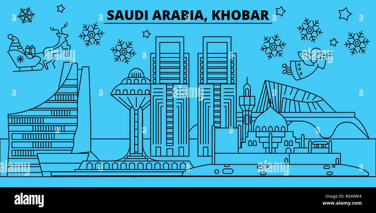 L'Arabie saoudite, Koweit vacances d'hiver. Joyeux Noël, Bonne année bannière décorée avec le Père Noël.L'Arabie saoudite, Koweit City noël télévision linéaire vector illustration Illustration de Vecteur