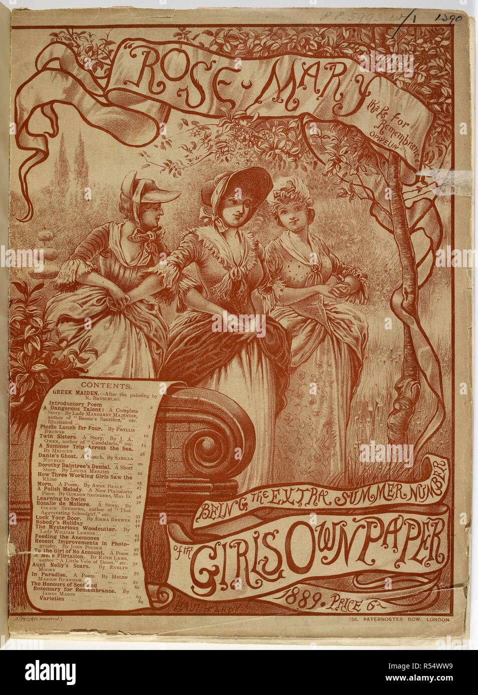 Illustration de couverture montrant trois femmes avec les bras liés dans un jardin. La bannière se lit comme suit : "étant le nombre d'extra de la Girl's Own Paper 1889". Girlâ€™propre papier. Londres, 1880-1908. Source : PP.5993.w/contraignant. Langue : Anglais. Banque D'Images