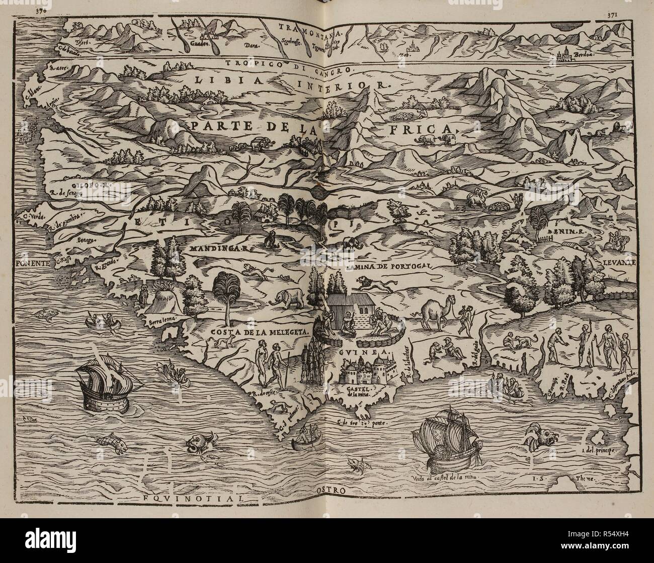 Mapa del parte de la frique. Coleccion de los descubrimientos y viages que hicieron por los mar EspanÌƒoles desde amendes del siglo XV. Madrid. Image prise à partir de la Collection de voyages et découvertes faites par les Espagnols de la mer de la fin du xve siècle. Avec plusieurs documents inédits concernant l'histoire de la Plaisance Castellana et les établissements espagnols dans les Indes. Coordonnées et illustré par M. F. N.publié en 1825-37. Source : G.6823 370-371. Langue : espagnol. Banque D'Images