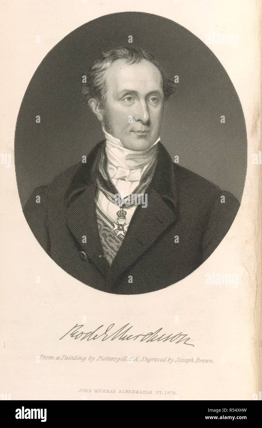 Sir Roderick Impey Murchison. Vie de Sir R. I. Murchison ... avec avis de hi. Londres, 1875. Sir Roderick Impey Murchison (1792-1871). Le géologue écossais. Portrait,d'après une peinture par Pickersgill R.A. gravé par Joseph Brown. Image prise à partir de la vie de Sir R. I. Murchison avec avis de ses travaux scientifiques contemporains et d'une esquisse de la naissance et la croissance de palÃ ozoic¦la géologie en Grande-Bretagne.. Publié à l'origine/produit à Londres, 1875. . Source : 10825.dd.14.(1) volume 1, frontispice. Langue : Anglais. Auteur : BROWN, JOSEPH. Sir Archibald Geikie,. Banque D'Images