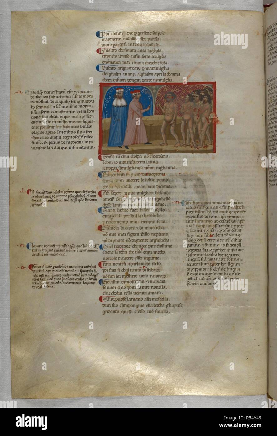 Inferno : Dante parle de Piero da Medicina, qui n'a pas d'oreilles et de nez, avec d'autres perturbateurs dans l'arrière-plan. Dante Alighieri, La Divina Commedia (La Divine Comédie ), avec un commentaire en latin. 1ère moitié du 14e siècle. Source : Egerton 943, f.50v. Langue : Italien, Latin. Banque D'Images