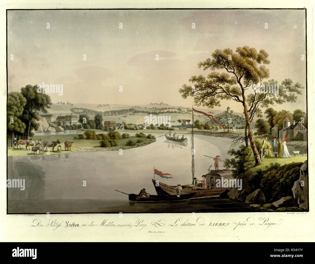 Un homme et deux femmes se préparent à bord d'un voilier sur la rivière Vltava au premier plan, avec un berger et son troupeau à regarder depuis l'autre rive sur la gauche et une vue d'LibeÅˆ Palace dans l'arrière-plan. Collection de vues les plus intÃ©ressantes et pittoresques de la BohÃ©moi. Wien : bey Artaria, [entre 1800 et 1810]. Source : 7 Cartes.TAB.38, planche 12. Langue : Allemand et Français. Banque D'Images