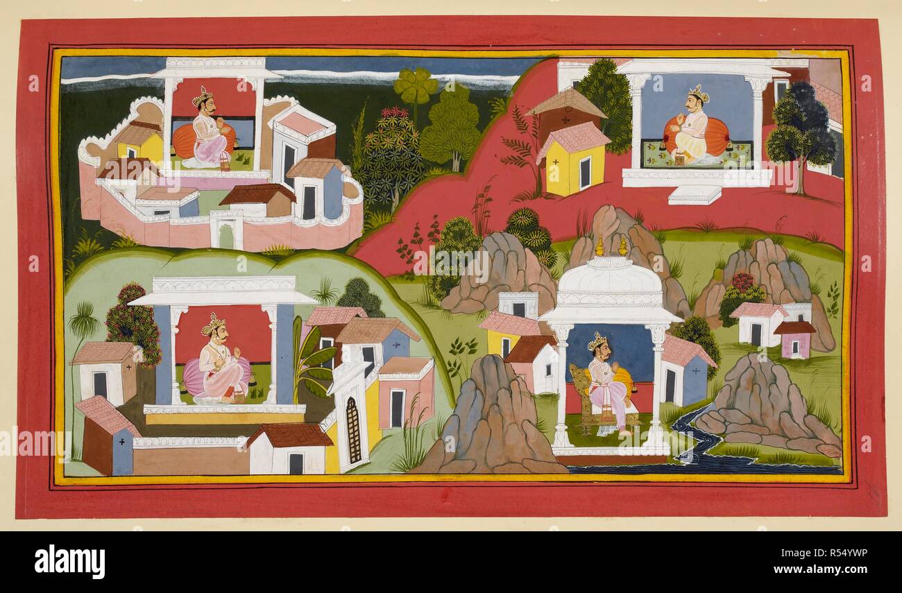 Le fils du roi Kusha. Ramayana, Bala Kanda. Udaipur, 1712. Ce folio montre les quatre fils du roi Kusha établissant leurs royaumes. Kushambi Kushamba appelé sa capitale, Kushanaba Asurtarajasa Mahodaya fondée, fondée et Dharmaranya Vasu fondé Girivraja. Image prise de Ramayana, Bala Kanda. Publié à l'origine/produit à Udaipur, 1712. . Source : ajouter. 15295, f.91. Langue : Sanskrit. Banque D'Images