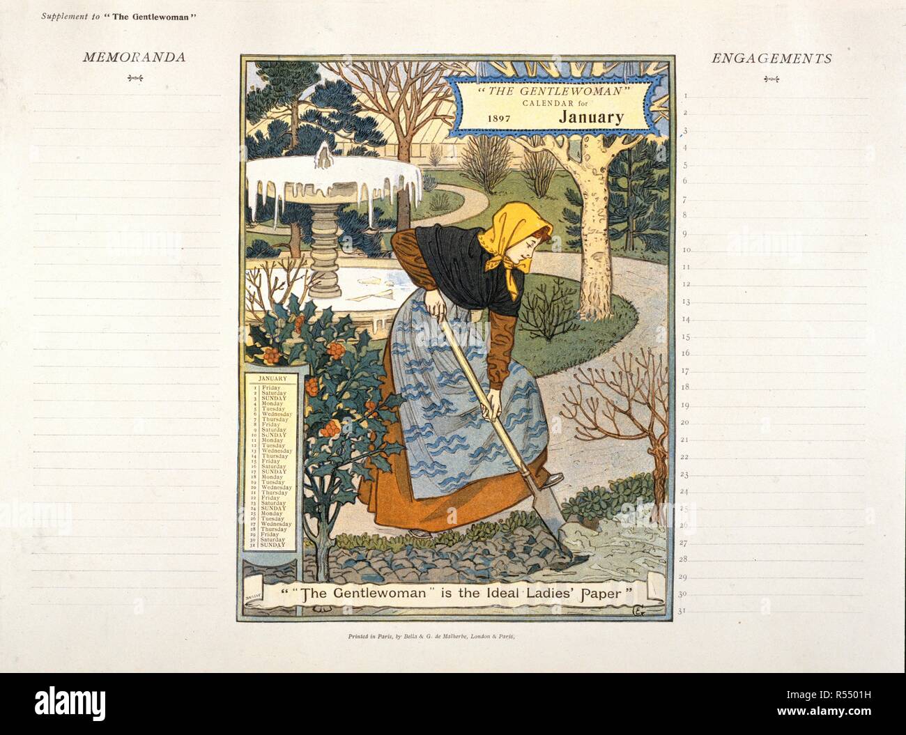 Janvier. La dame. Janvier 1897. La Dame de la page calendrier pour janvier. Une femme de creuser avec un chat dans un jardin. Image prise à partir de la dame. Publié à l'origine/produite en janvier 1897. . Source : Colindale,. Langue : Anglais. Banque D'Images