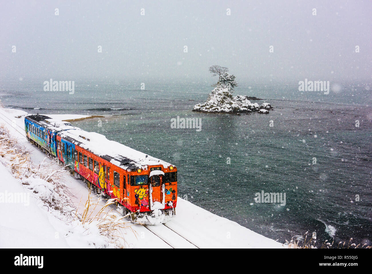 Amaharashi Quasi-Côte Parc national, Japon - janvier 23, 2017 : un train passe la ligne d'Himi le Amaharashi côte pendant l'hiver. Banque D'Images