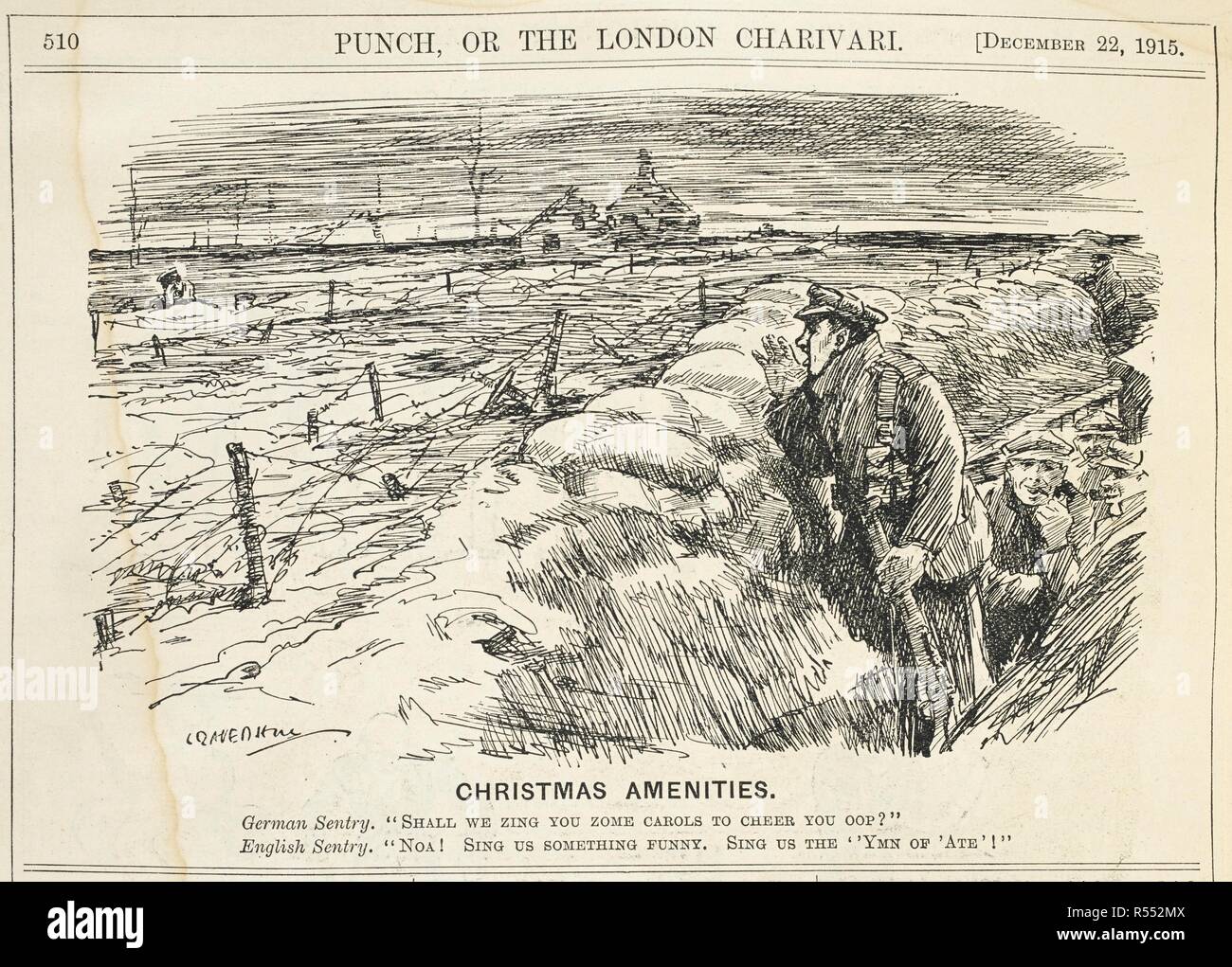 Équipements 'Noël'. Une sentinelle allemande appelant à une sentinelle anglaise à travers le no man's land. Une caricature de la Première Guerre mondiale. . Poing ou la London charivari. Londres, 1915. Source : PP.5270, 22 décembre 1915. Auteur : Raven-Hill, Leonard. Banque D'Images