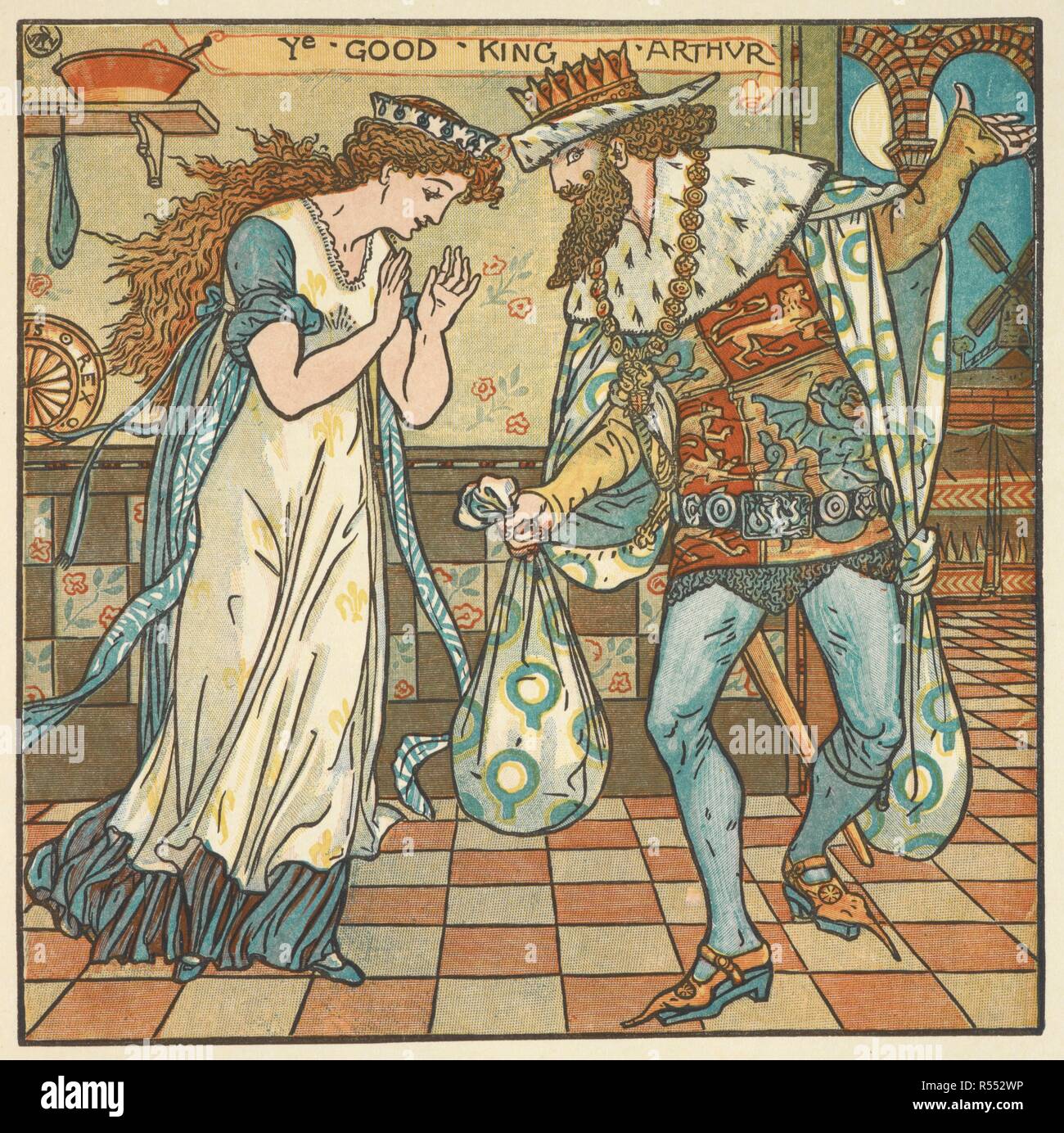 Illustration Couleur Pour King Arthur Le Roi Arthur Et Sa Reine Avec Un Sac D Ingredients Pour Faire Un Pouding Des Triples Comprenant L Opera Du Bebe Le Bouquet Du Bebe Et Le Bebe