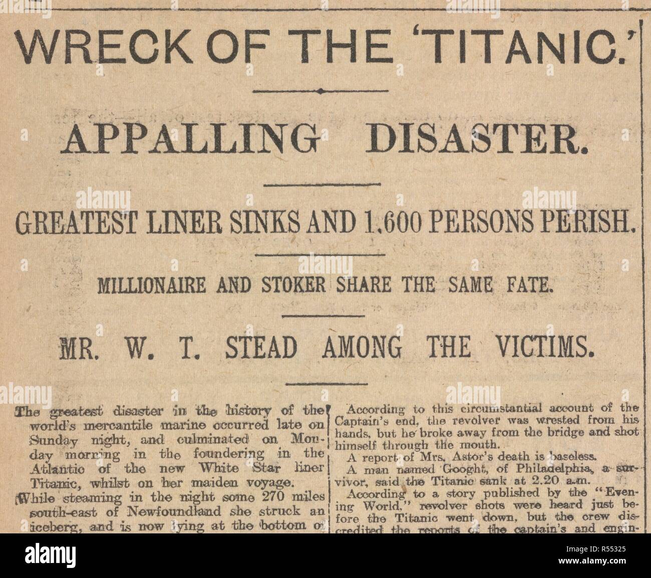 "L'épave du Titanic épouvantable catastrophe'. Titre d'un journal