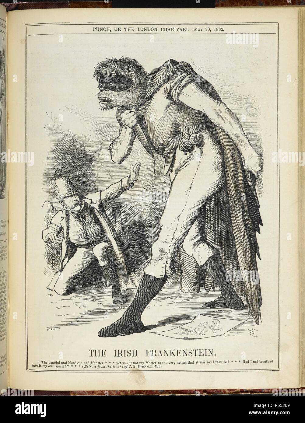 Les Irlandais Frankenstein. 'Le nuisible et Monster tachée de sang ...'. La citation est de Mary Shelley's Frankenstein. Charles Stuart Parnell est représentée, avec "son monstre" qui représente le mouvement des Fenians. Punch, or the London Charivari. Londres, le 20 mai 1882. La caricature est anti-propagande irlandaise et est une référence à l'assassinat du parc Phoenix. Source : P.P.5270, page 235. Auteur : TENNIEL, John. Banque D'Images