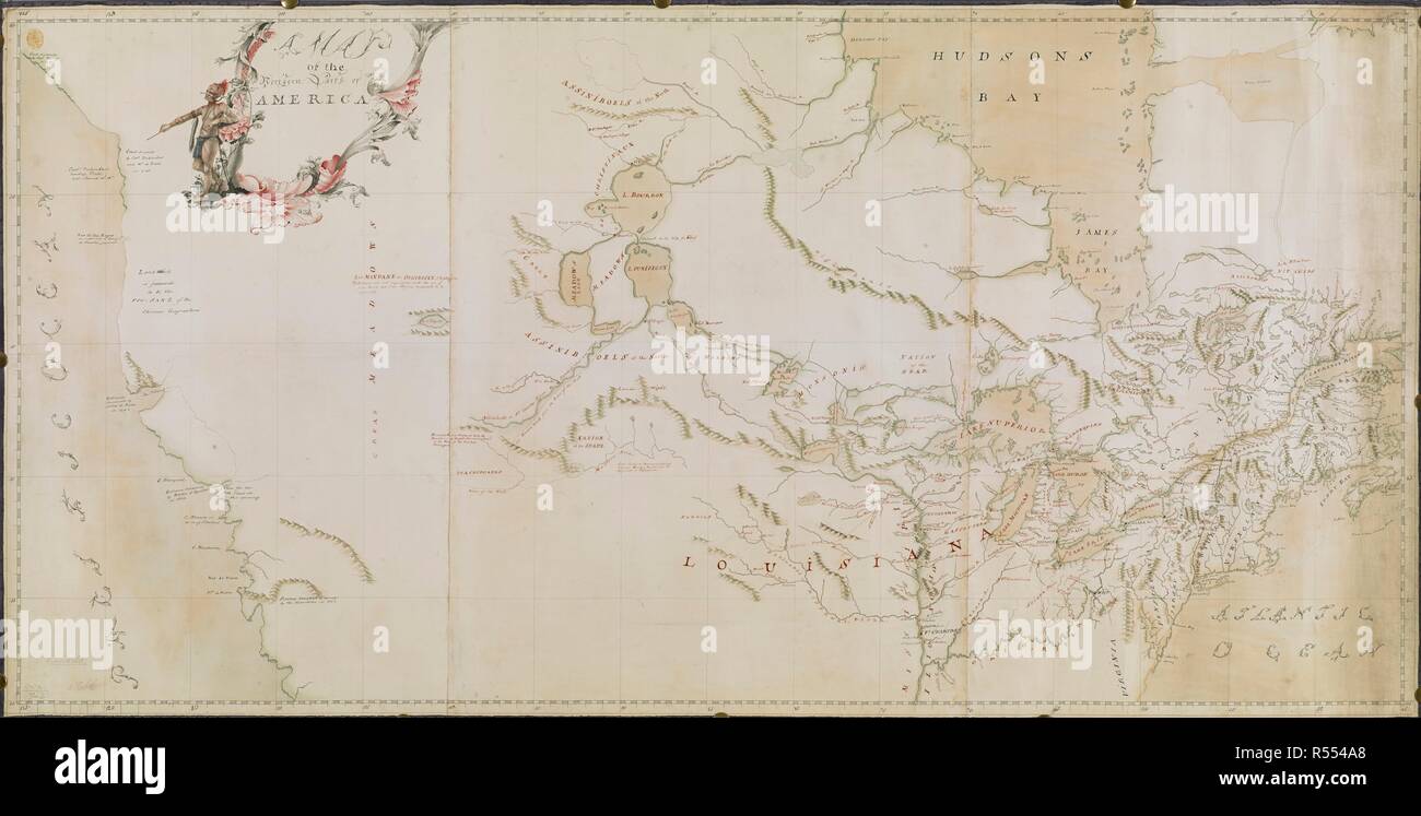 Une carte de la partie nord de l'Amérique (Canada). La cartouche de titre illustré (en haut à gauche) est orné d'un natif de l'Amérique du Nord en vêtements traditionnels et avec un arc et une flèche. Une carte de la partie nord de l'Amérique. [Paris ?] : [Jean vert pour Thomas Jefferys ?], [à propos de 1755]. Source : Maps K.Haut.119,7.2. Langue : Anglais. Banque D'Images