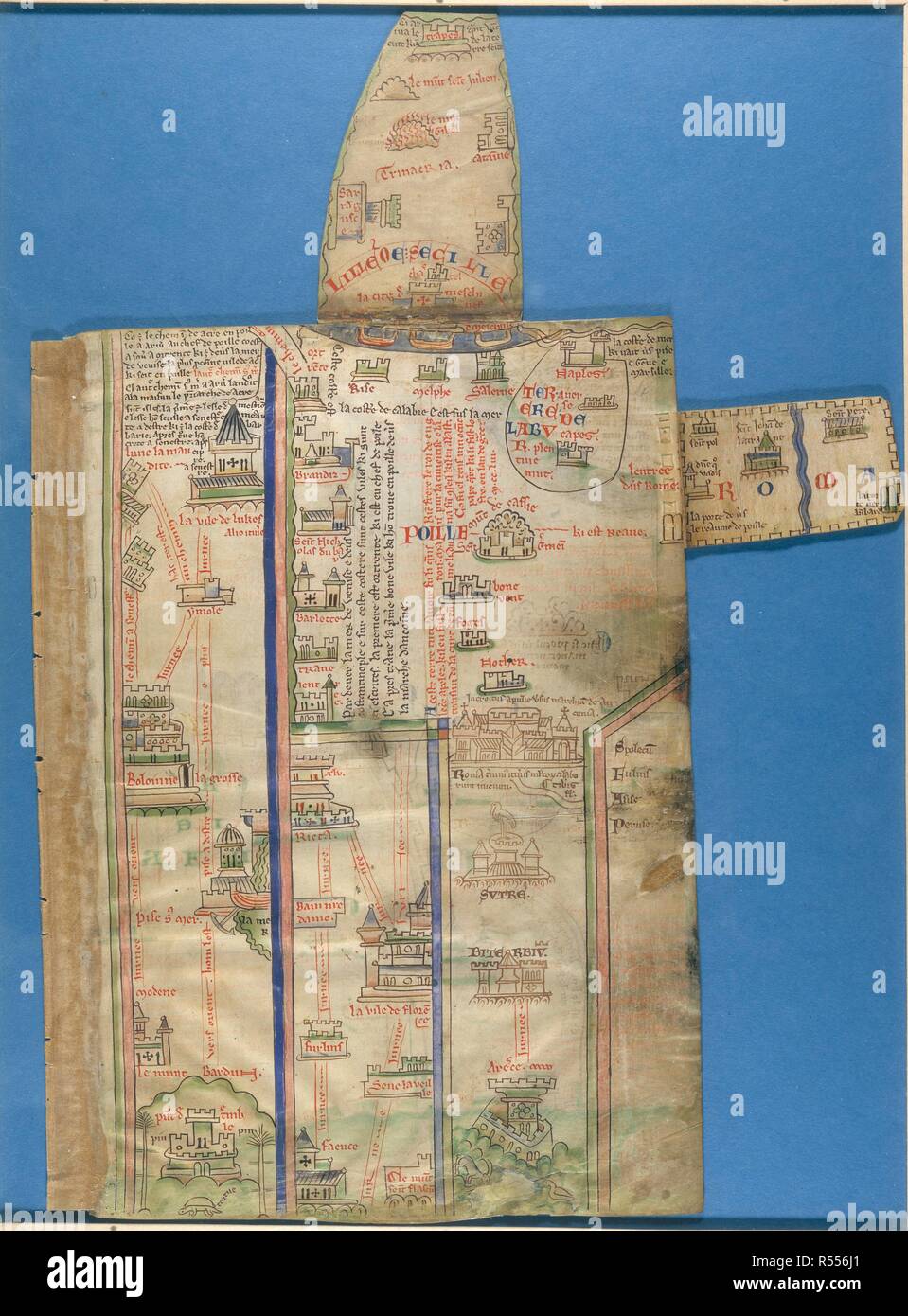 Une partie de l'itinéraire de Londres à Jérusalem, y compris la ville de Rome. Historia Anglorum. France (St Albans), 1250-1259. Ensemble (folio) Une partie de l'itinéraire de Londres à Jérusalem, y compris la ville de Rome. Image réalisée à partir d'Historia Anglorum. Publié à l'origine/produit en Angleterre (St Albans), 1250-1259. . Source : Royal 14 C. VII, f.4. Langue : Français. Auteur : PARIS, Matthieu. anonymous moine de Rochester. Banque D'Images