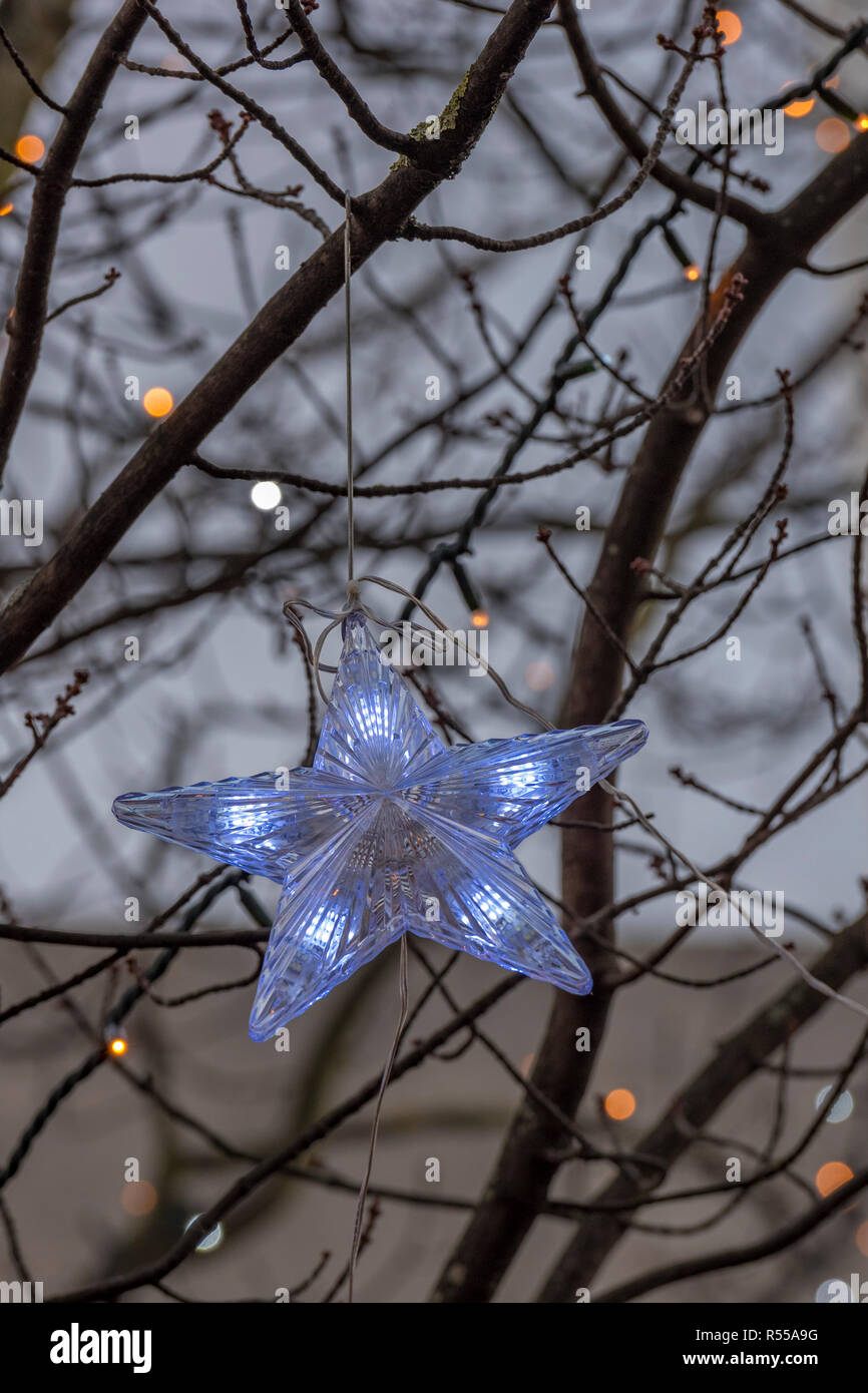 Une étoile lumineuse décoration de Noël dans un arbre décoré pour la saison de Noël. Banque D'Images