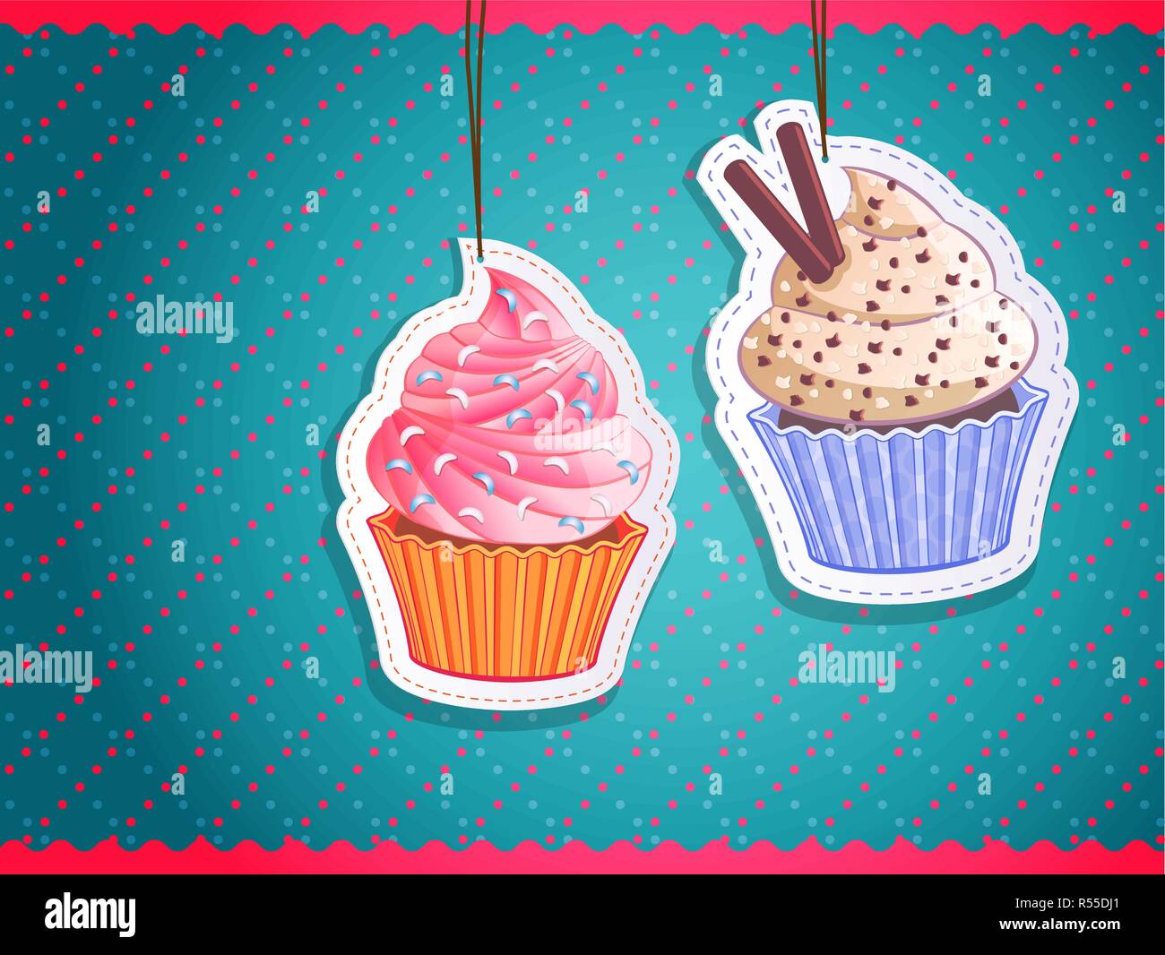 Delicious cupcake autocollants sur fond coloré Illustration de Vecteur