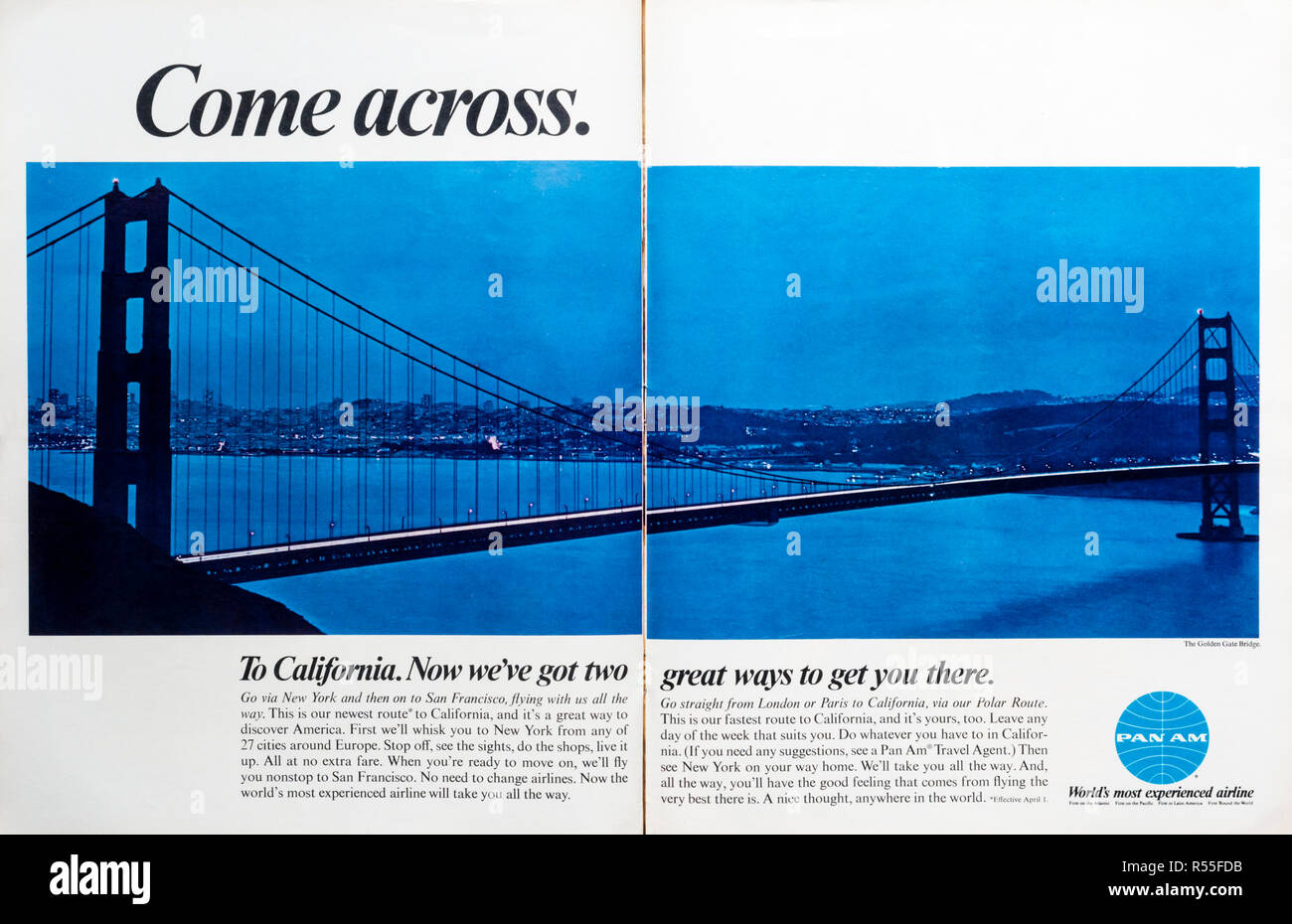 1960 double page magazine advertisement Pan Am pour les vols à destination de la Californie. Banque D'Images