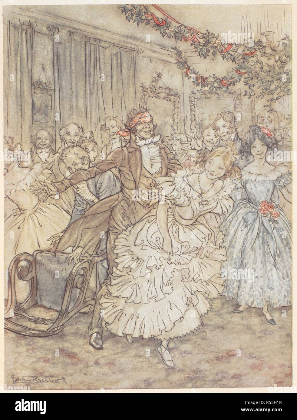 Une partie jouant blind man's bluff. Un homme portant une fois le pouvoir d'une femme dans une robe à froufrous. Un Chant de Noël ... Illustré par Arthur Rackham. Londres, J. B. Lippincott Co. Philadelphia : Heinemann, 1915 Wiiliam. 'La façon dont il est allé après que sœur dodue dans la dentelle tucker !'. Source : 012622.g.37. En face de la page 100. Auteur : RACKHAM, Arthur. DICKENS, CHARLES. Banque D'Images