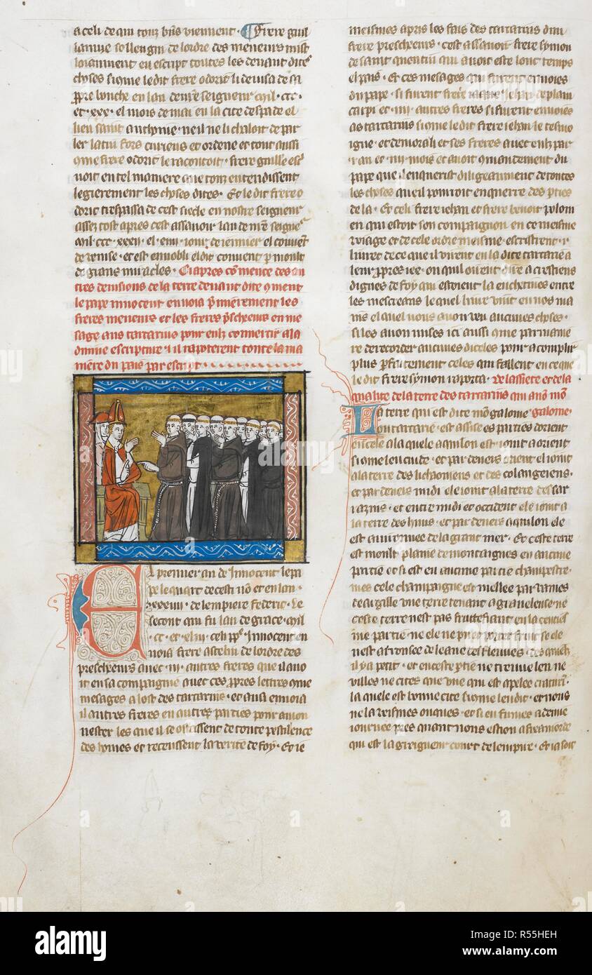 Miniature du pape Innocent IV, assis, avec un cardinal, l'organisation d'une mission pour les Tartares, composé de dominicains et franciscains. Envoi aus Tartarins. La France, après 1333. Source : Royal 19 D. I, f.148v. Langue : Français. Auteur : Plano Carpini, Jean de. Banque D'Images