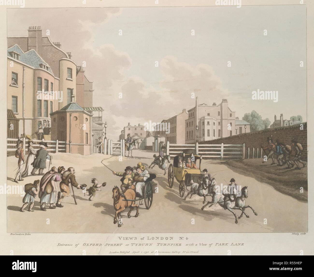 Sur la droite est le mur de Hyde Park, au-dessus desquelles apparaissent quelques maisons dans Park Lane. Oxford Street se retire en diagonale vers la gauche au-delà de l'autoroute. Un coroneted voyageant chaise avec quatre chevaux au galop et deux postillons avance vers le spectateur. À côté c'est un panier à deux roues dans laquelle trois personnes de pays sont bondés. Mendiants (gauche) retour vers la porte, l'une des béquilles. Une jeune femme sur le bras d'un homme âgé regarde par-dessus son épaule à un bel officier dans regimentals. Dans l'ombre du mur (à droite) un sergent recruteur de quatre jours à la tête de trois recrues Carapace chavirante. V Banque D'Images