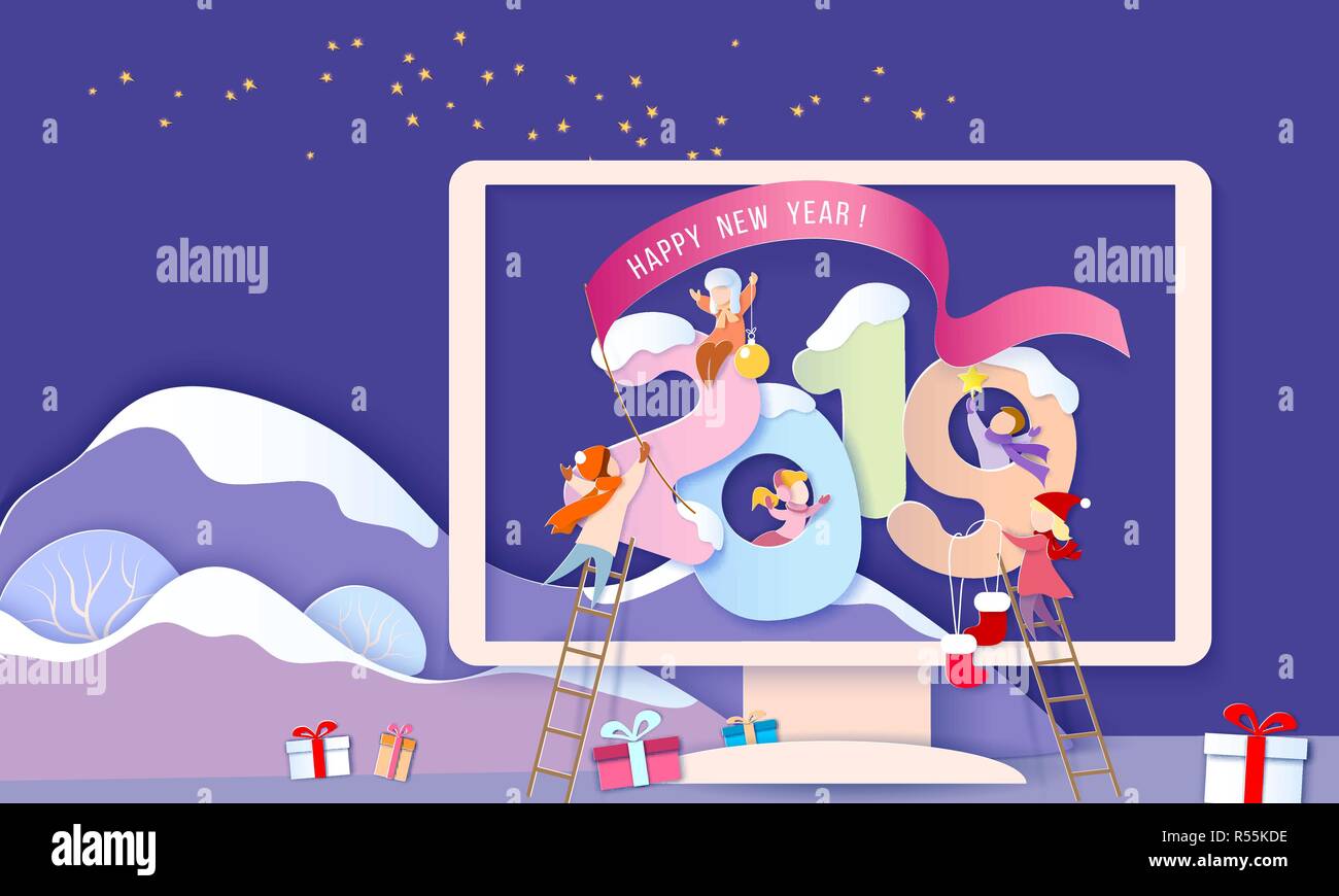 Heureux Nouvel An 2019 Carte de conception avec des enfants avec de gros chiffres dans l'écran du moniteur avec les montagnes. Modèle de coupe de papier. Vector illustration Illustration de Vecteur
