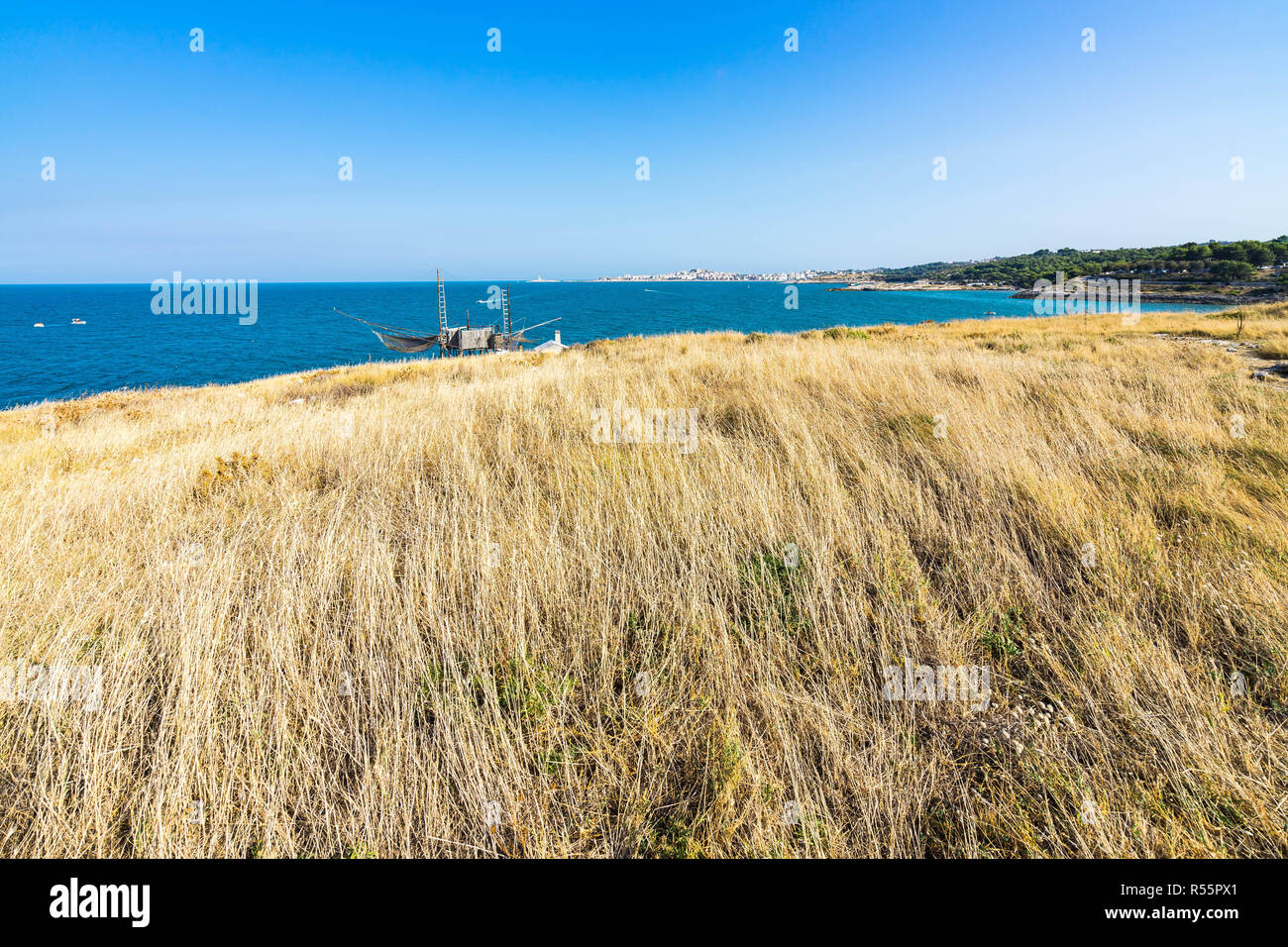 Seascape magnifique près de Molinella Beach avec un trabucco et la ville de Vieste sur le premier plan, Pouilles, Italie Banque D'Images