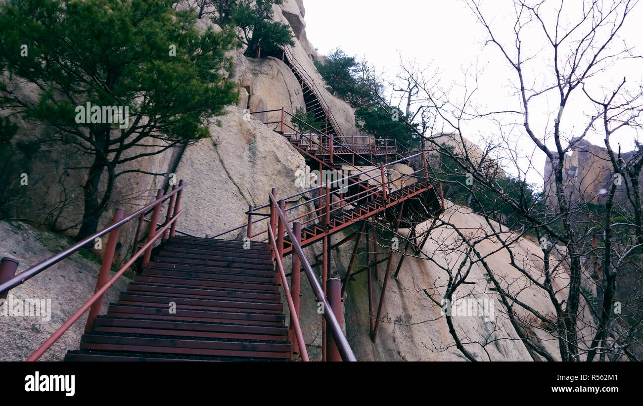 Escaliers dans les montagnes. Seoraksan Parc National. La Corée du Sud Banque D'Images