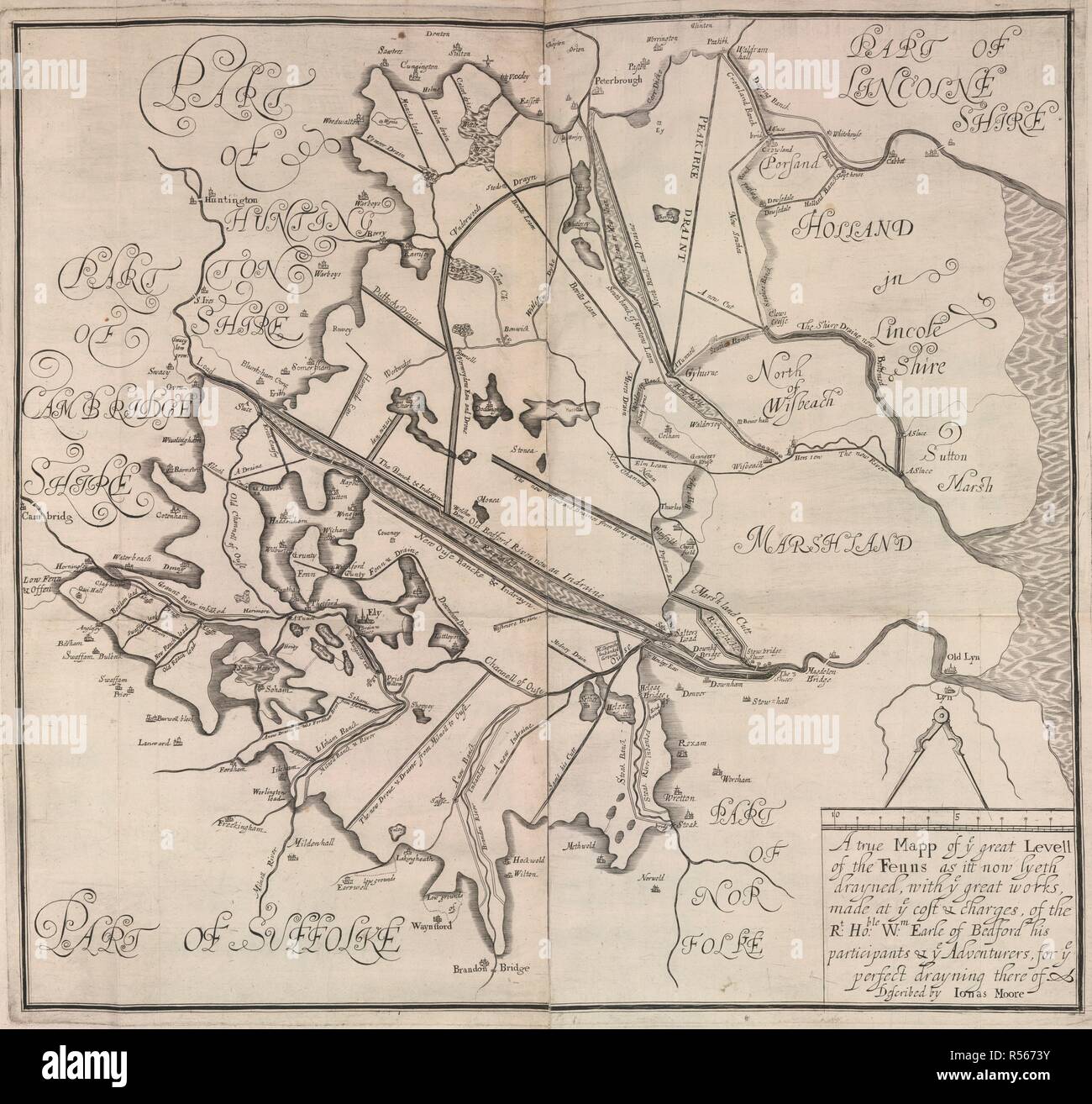 Les fens. Un vrai Mapp de ye Super des Fagnes Levell comme itt. [1654 ?]. Une carte de la fens. Image réalisée à partir d'une vrai Mapp de ye Super des Fagnes Levell itt comme drayned maintenant lyeth, avec de grandes oeuvres, faites-vous à ye coût et frais, de Wm. Earle de Bedford ses participants & vous aventuriers, car vous drayning parfaite de celle-ci. Décrit par lonas Moore. [10 miles  = 126 mm].. Publié à l'origine/produits en [1654 ?]. . Source : Maps.C.7.d.7.(3). Banque D'Images
