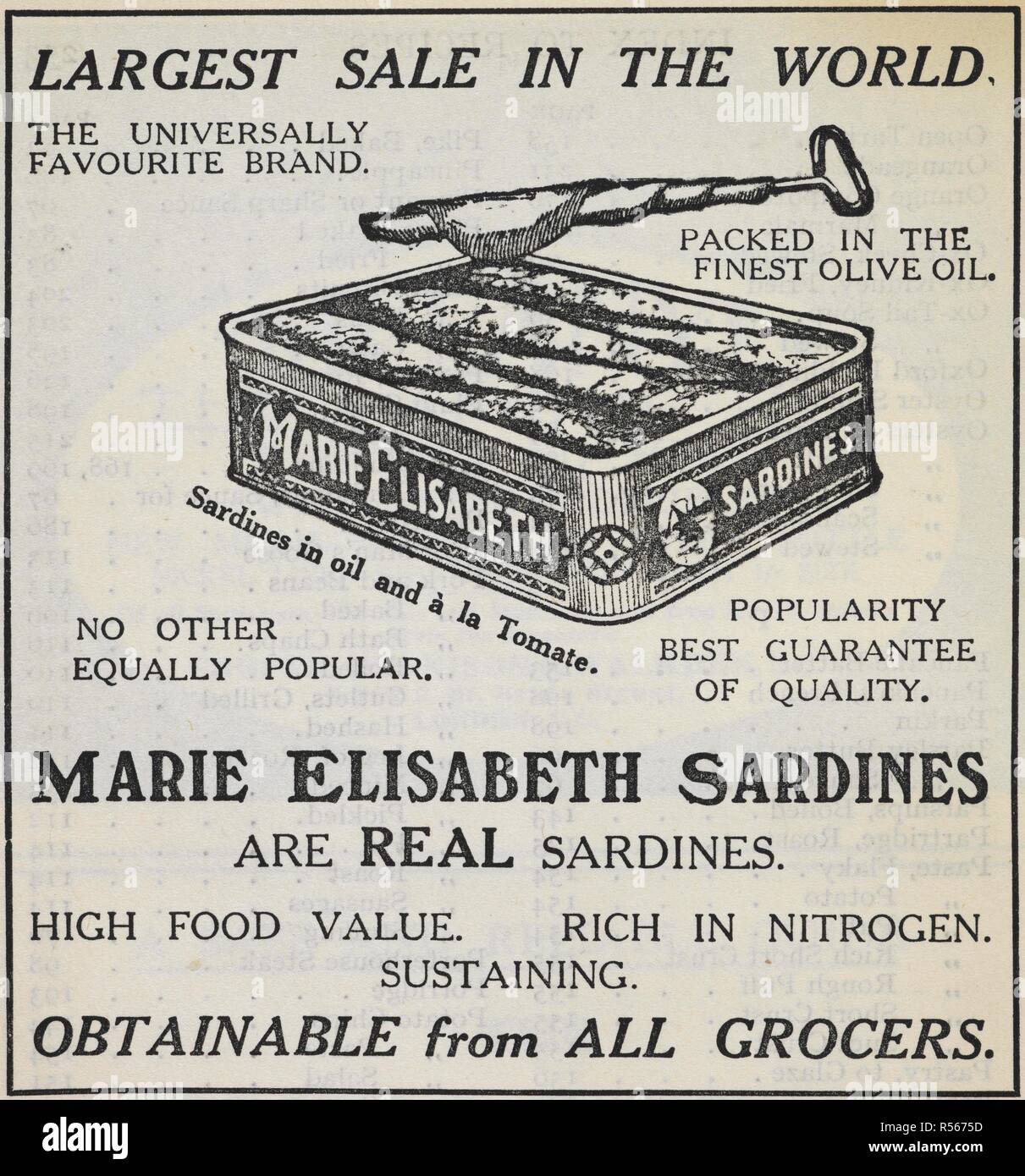 Annonce avec une boîte de sardines. Mme Beeton's côté cuisine ... [Nouvelle édition de "oeMrs. Cookeryâ Beeton's Sixpenny€]. Londres ; Melbourne : Ward, Lock & Co., 1923. Source : 07943.a.52. p.255. Auteur : BEETON, ISABELLA MARIE. ANON. Banque D'Images