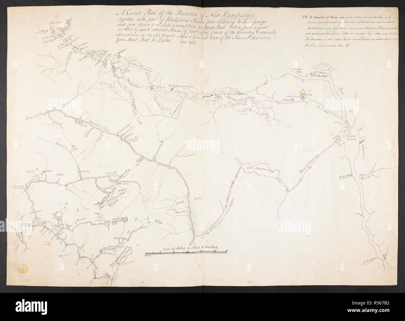 Un plan du New Hampshire. Un plan correct de la Province du New Hampshire avec une partie de la rivière Hudson à partir de Albany à Lake George et de là à travers le lac Champlain au Mont du vrai : pris d'un grand nombre de plans d'attestée exacte des régions particulières du pays d'observations pertinentes de la côte. Aussi une vue générale de la rivière St Laurent du Mont du vrai au Québec. [Lieu de production non identifié] : [producteur non identifiés], juin 1756. Source : Maps K.Haut.120,24. Langue : Anglais. Banque D'Images