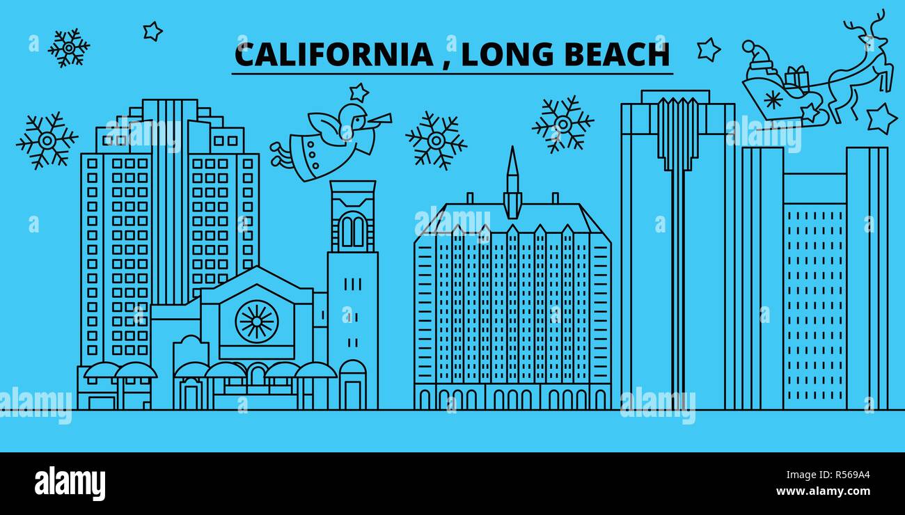 Etats Unis, Long Beach vacances d'hiver. Joyeux Noël, Bonne année bannière décorée avec le Père Noël.Etats Unis, Long Beach City noël télévision linéaire vector illustration Illustration de Vecteur