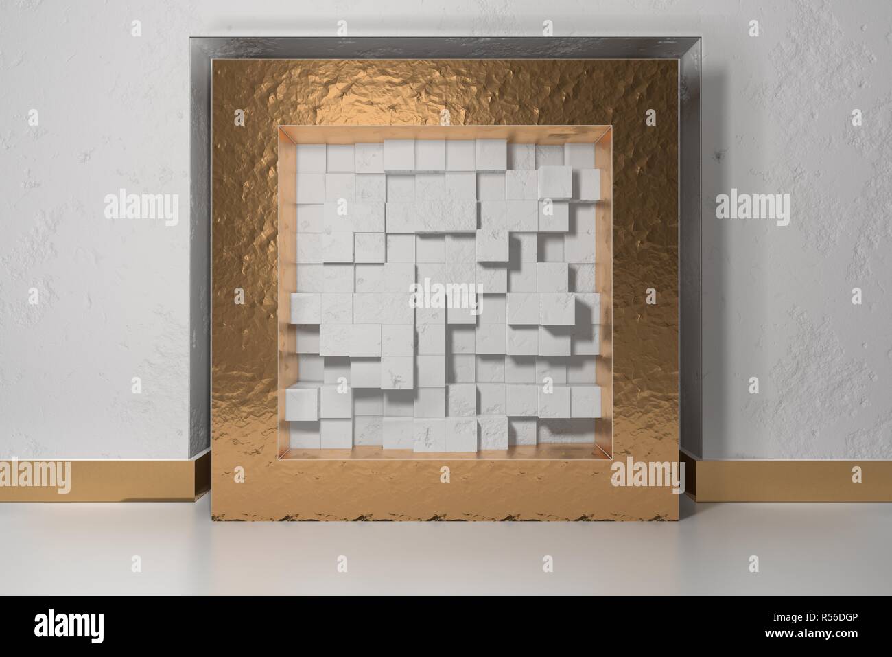 Le minimalisme, des maquettes 3d affiche, illutration intérieur. Cadre doré  dans une niche dans la paroi blanche remplie de blocs boîtes décalé  chaotique blanc Photo Stock - Alamy