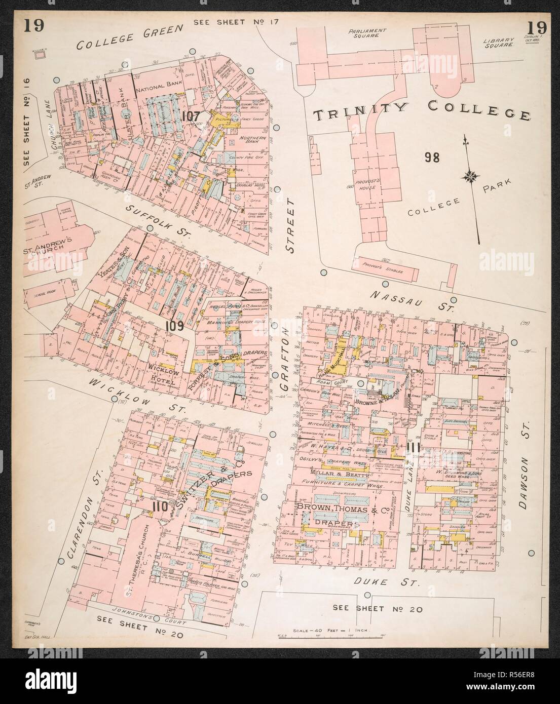 La Section d'un plan d'assurance de la ville de Dublin, montrant le Trinity College. Plan d'assurance de la ville de Dublin ... [Par] C.E. Goad ... L'échelle, 40 ft.  = 1 pouce ... Key-Plan, 600 ft.  = 1 pouce. Tome 1. Londres : C.E. Goad, 1893. fol. ; l'échelle, 40 ft.  = 1 pouce ... Key-Plan, 600 ft.  = 1 pouce. Source : Maps.145.b.4.(2) planche 19. Banque D'Images