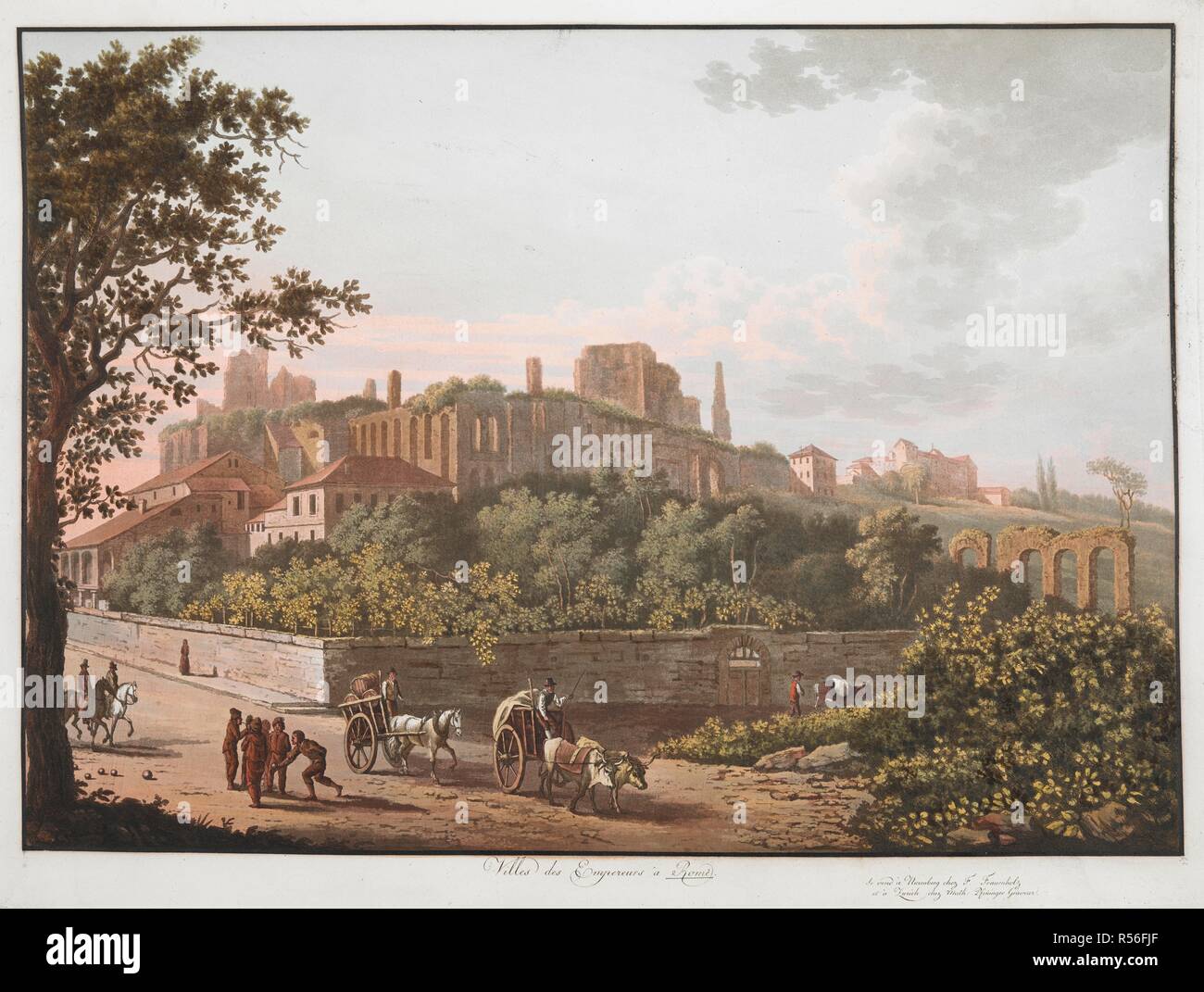 Un groupe d'hommes jouent à la pétanque sous un arbre sur une route près de deux chariots chargés de sacs et de barils en passant par l'avant-plan. Une vue des ruines sur le Mont Palatin entre les arbres en arrière-plan. Villes des Empereurs Ã Rome. [Nuremberg et Zurich] : Se vend Ã Nurenberg chez F. Frauenholz et Ã Zurich chez Math. Pfeninger Graveur, [1795] environ. La main, l'aquatinte et la gravure. Source : Maps K.Haut.81,44.ch. Langue : Français. Banque D'Images