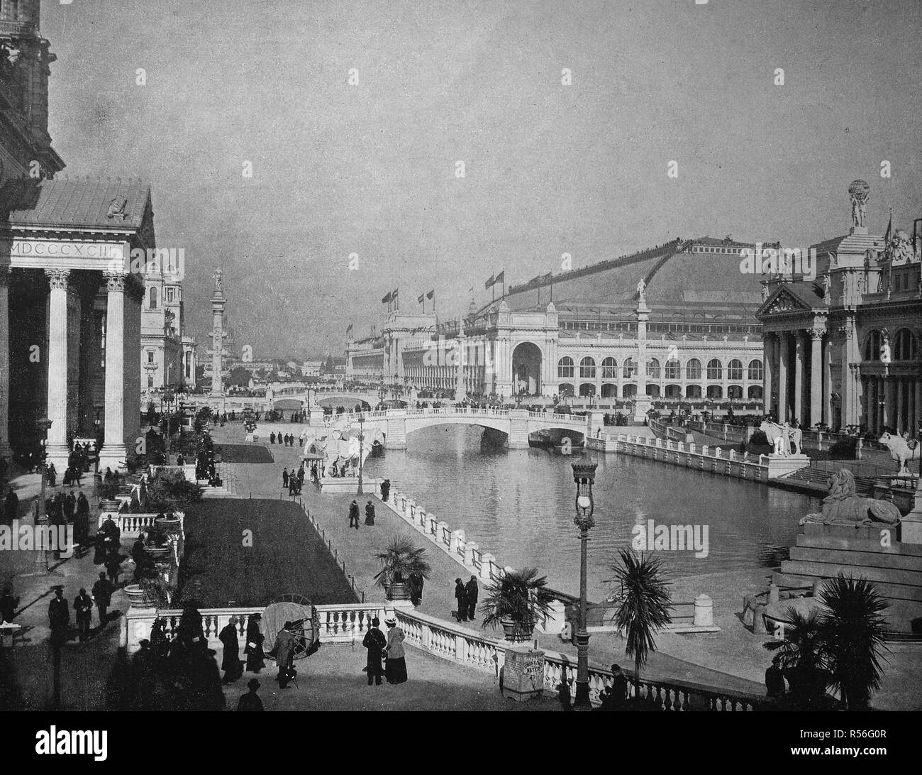 Bâtiments de la territoire de l'Exposition Universelle de 1893, une petite Venise, historique de la photographie monochrome, Chicago, USA Banque D'Images