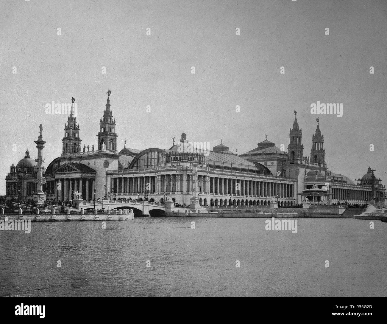 La construction sur le territoire de l'Exposition Universelle de 1893, la salle des machines, historique de la photographie monochrome, Chicago, USA Banque D'Images