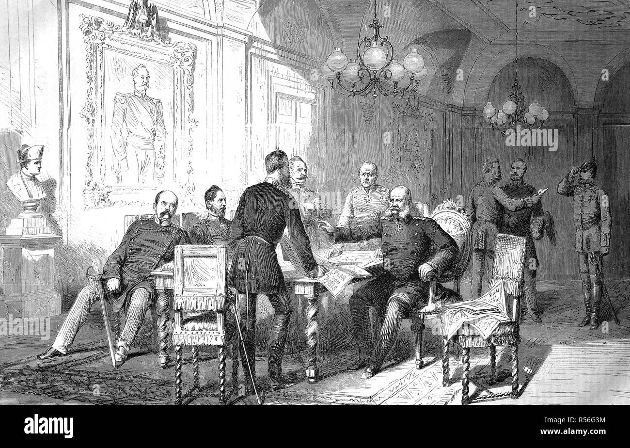 Conseil militaire dans le bâtiment de la préfecture à Versailles, le 6 décembre 1870, de gauche à droite, Bismarck, von Blumenthal Banque D'Images