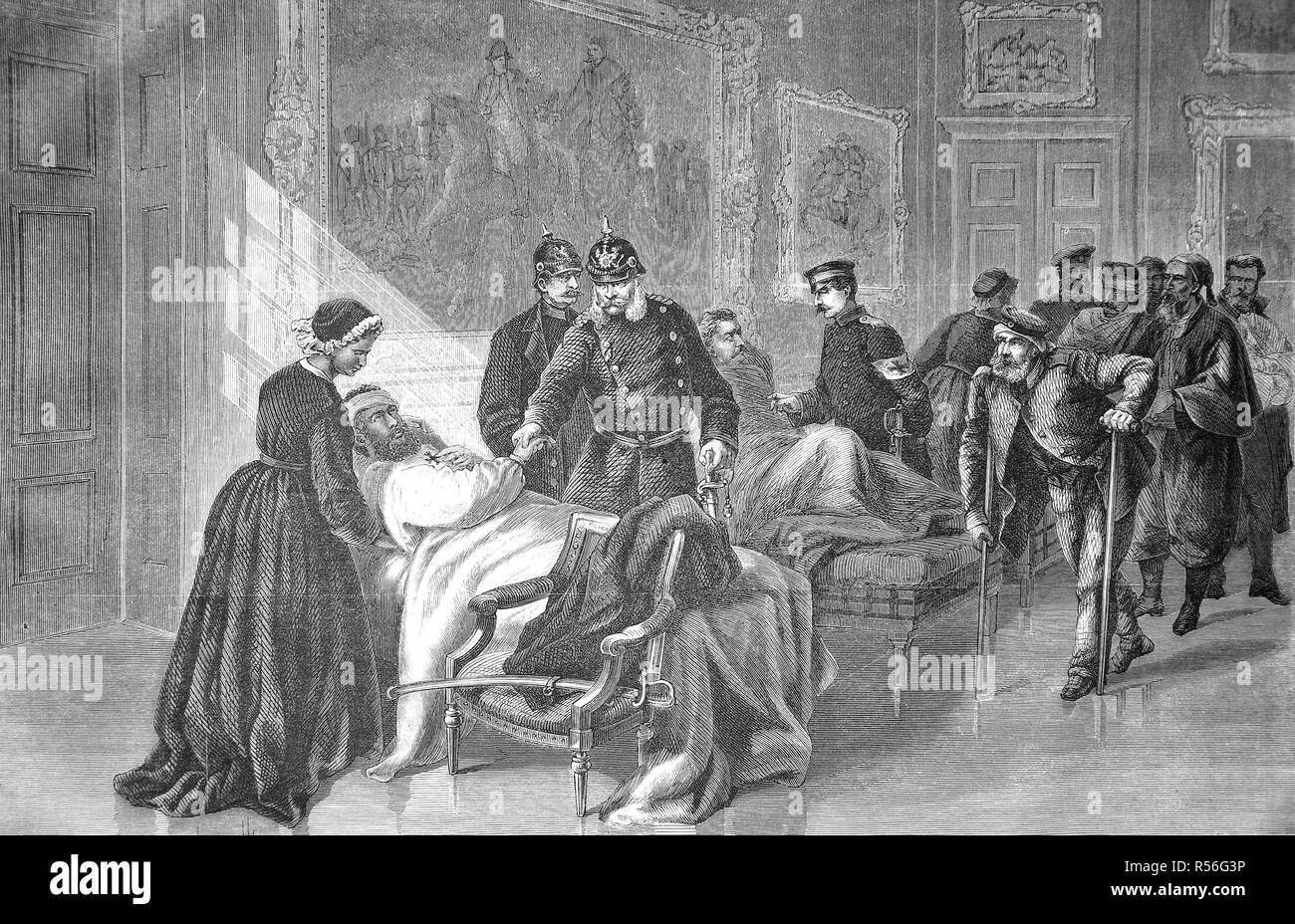 Le roi Guillaume Ier visite le blessé à l'hôpital militaire du château de Versailles, la guerre franco-allemande de 1870/71, gravure sur bois Banque D'Images