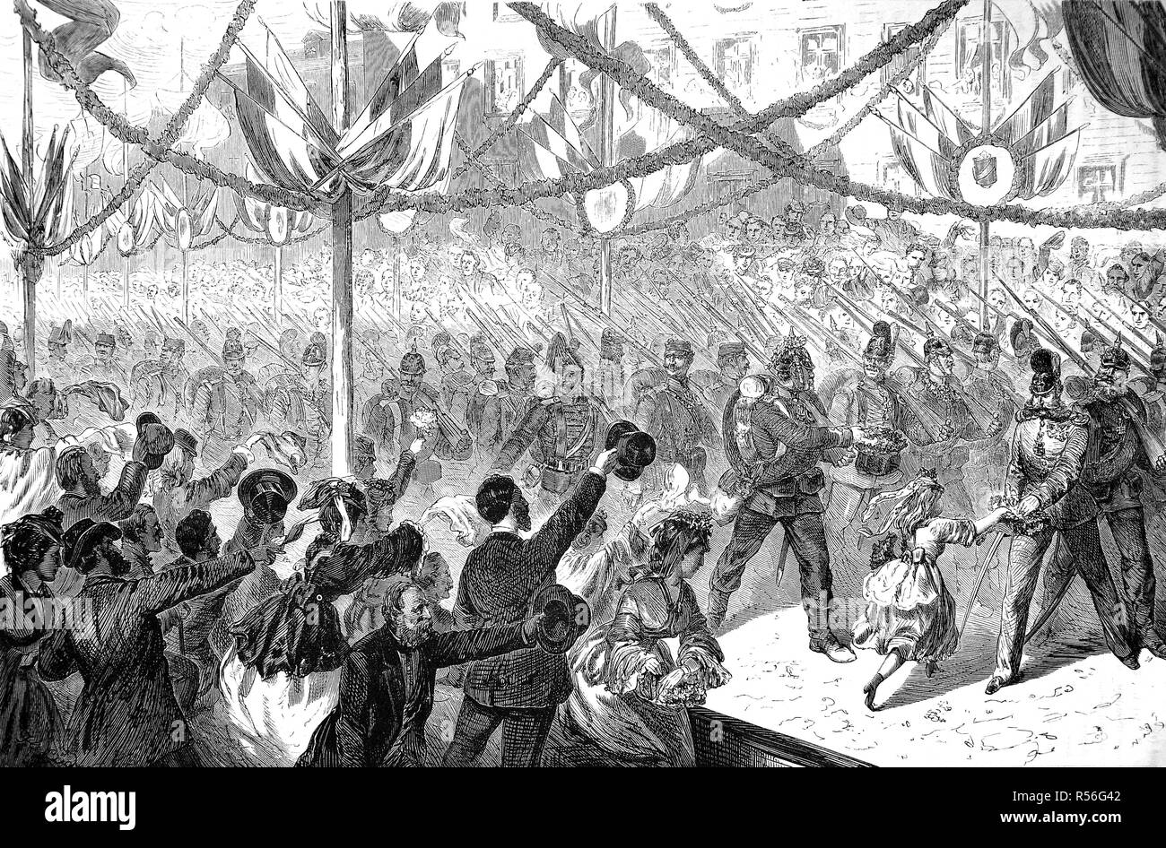 Le bataillon combiné à la procession triomphale à Berlin le 16 juin 1871, woodcut, Allemagne Banque D'Images