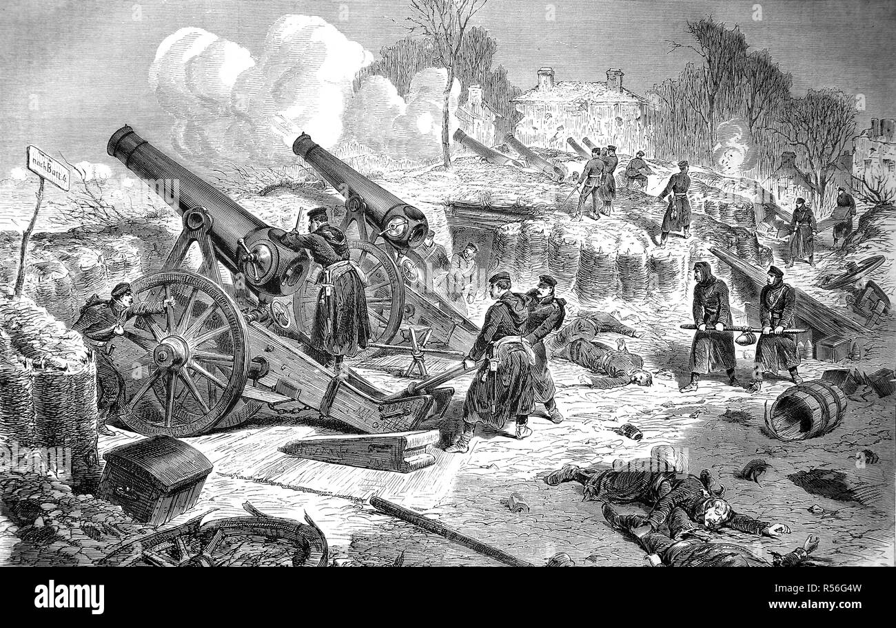 Batterie de siège prussien n°3 Parc de Rainen près de Paris, la guerre franco-allemande de 1870/71, woodcut, France Banque D'Images