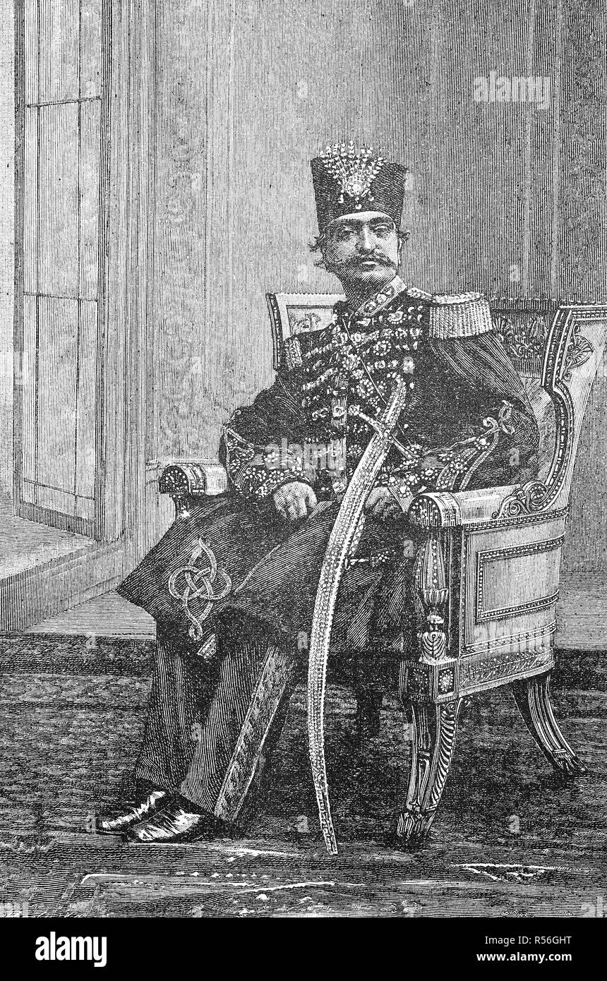 Naser al-Din Shah Nassereddin Shah Qajar, également, Qajar, roi de Perse, né 1831 est décédé 1896, woodcut, Perse Banque D'Images