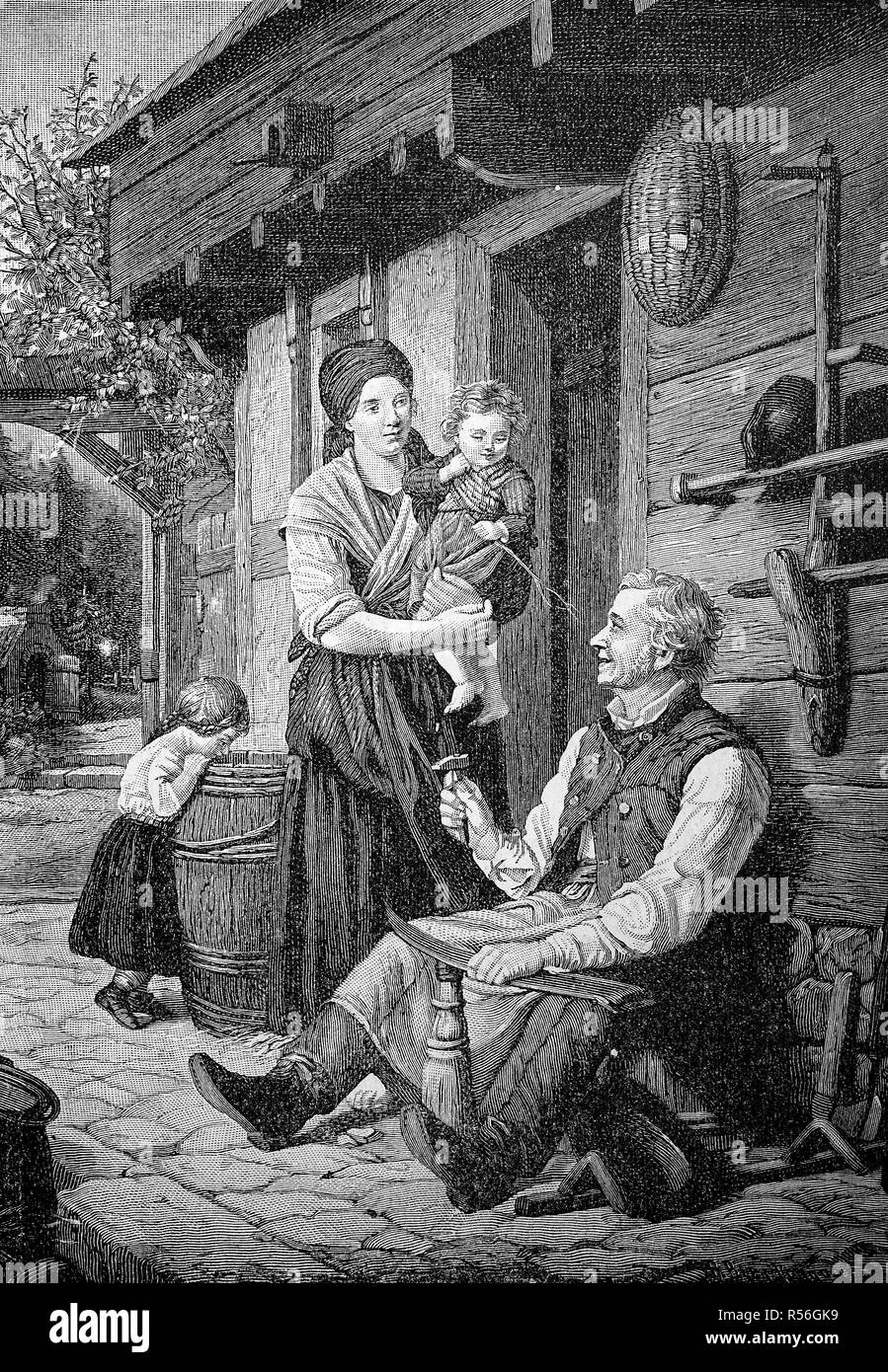 Fin de la journée de travail, l'agriculteur la faux d'affûtage, femme avec deux petits enfants, en face de la ferme, 1870, gravure sur bois Banque D'Images