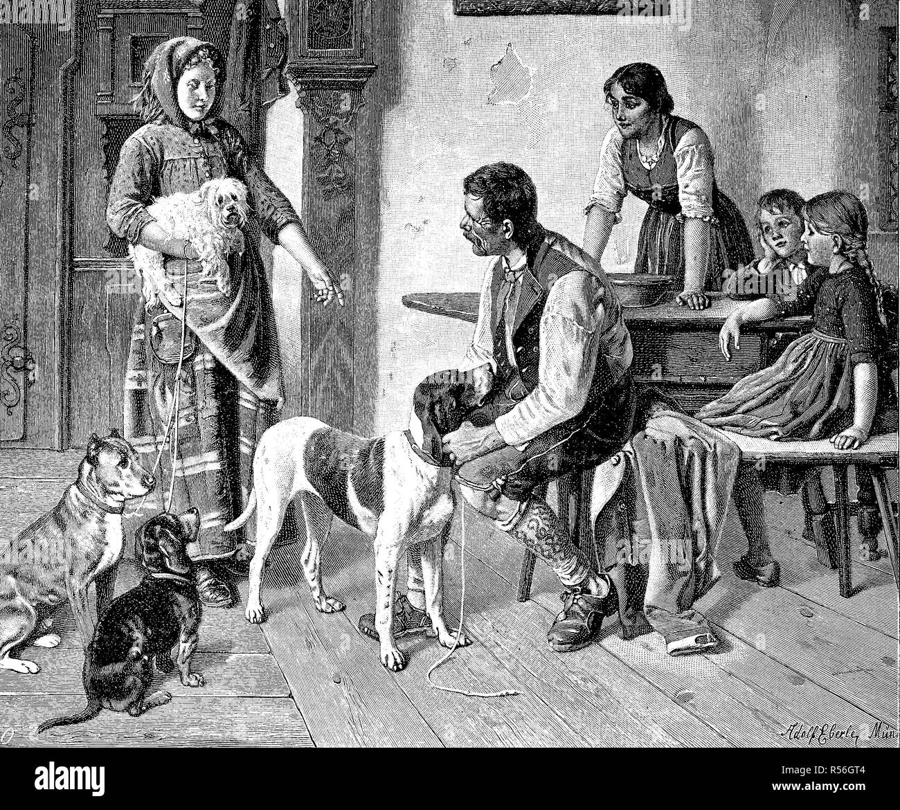 Idyl famille au 19e siècle, les prix avec les parents et trois enfants et quatre chiens, Bavaria, woodcut, Allemagne Banque D'Images